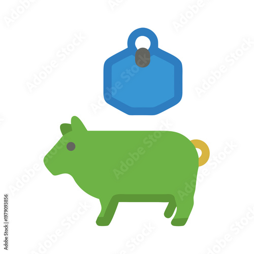 Minimalist illustration of a green animal and blue tag against a black background