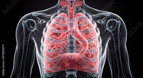 Transparent chest view showing human heart and lungs with bronchial inflammation in a detailed medical illustration