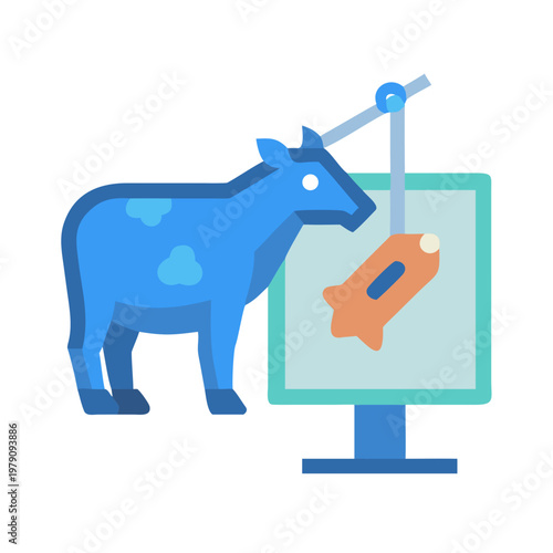 Cow facing a computer screen displaying a rocket using a fishing pole