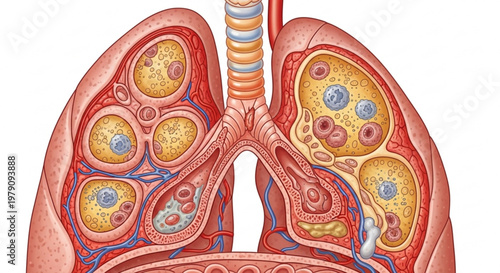 Microscopic view of lung tissue showing inflammation and cellular changes in a detailed medical vector illustration