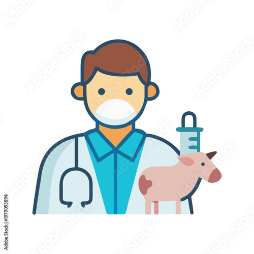 Veterinarian doctor in uniform with cow and syringe illustration on black background