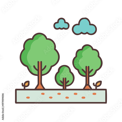 Stylized landscape with trees, clouds, and ground in a flat design vector.