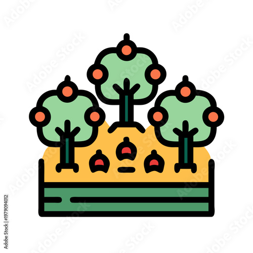 Stylized orchard with fruit trees and harvest in a graphic format illustration