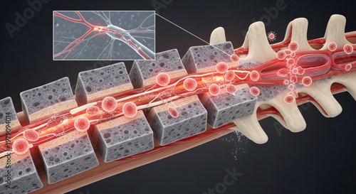 Medical visualization of spinal cord inflammation with immune cells and nerve damage in a detailed diagram.