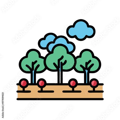 Illustrated garden scene with trees, red plants, and blue clouds on black background