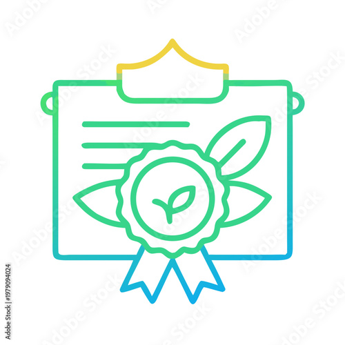 Organic product certification icon with leaf symbol on certificate, gradient style