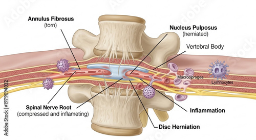 Medical diagram of a herniated spinal disc showing compression of the nerve root and resulting inflammation.