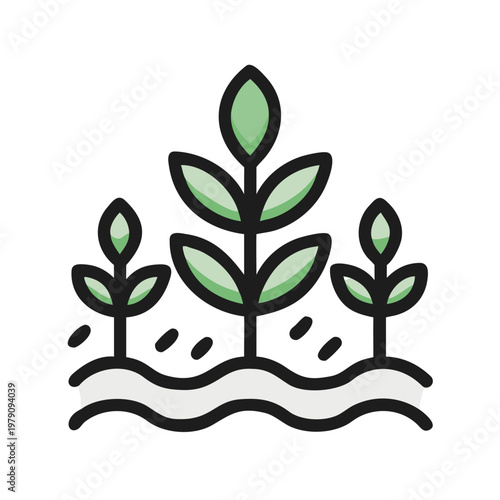 Stylized vector graphic of seedlings sprouting in a simple garden bed illustration.