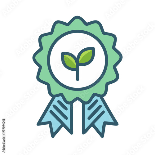 Ecological certification badge displaying seedling leaves in a clean and simple vector style