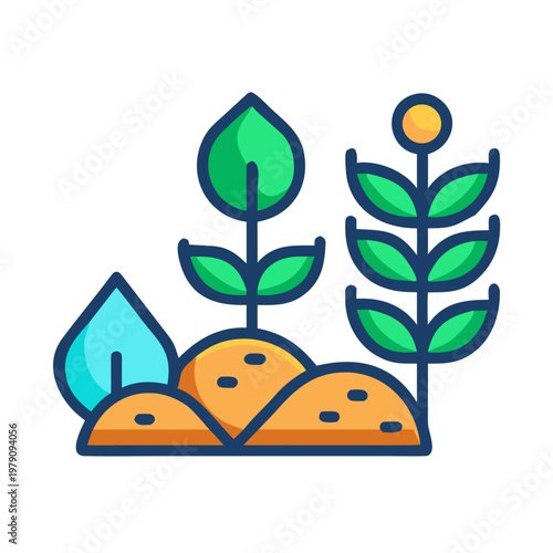 Illustration of plants and water droplet emerging from soil, flat design style