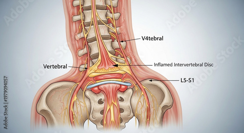 Detailed clinical illustration of the lumbar spine and pelvis showing inflamed intervertebral disc and nerve compression.