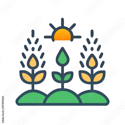 Minimalist Icon of Crops Growing Under a Sunlit Sky on Black Background
