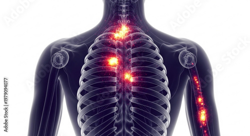 Anatomical illustration of the human torso showing the spine and rib cage with glowing inflammation points, indicating pain.