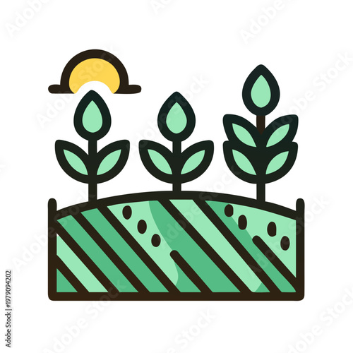 Minimalist Illustration of a Budding Garden Under a Golden Sun, Agriculture Concept