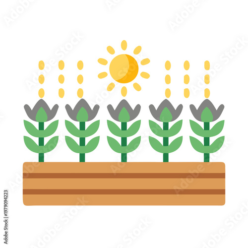 Illustration of a garden bed with flowers, sunshine, and dots on a black background