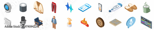 Set of Isometric Icons Representing Smart Home Technology and Cozy Winter Comfort, Including Heating, Clothing, and Voice-Controlled Devices