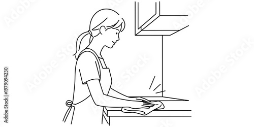 A line art illustration of a young woman wearing an apron while cleaning a kitchen counter surface