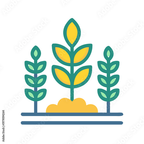 Icon of wheat field with soil, two lines as water source and black background