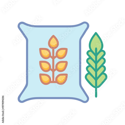 Flat illustration of a sack of grain and a wheat stalk on black backdrop