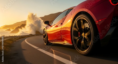 Red sports car driving fast on a coastal highway at sunset with crashing ocean waves