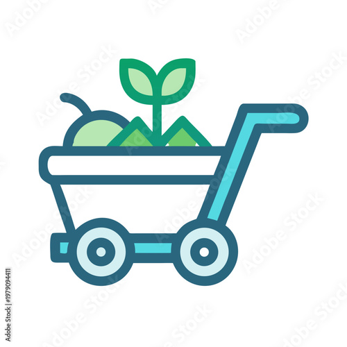 Illustration of a shopping cart filled with plants and a fruit on black
