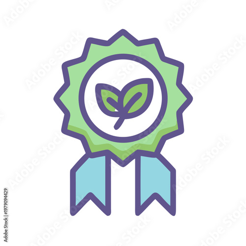 Flat icon of eco certificate with leaves and ribbon isolated on black
