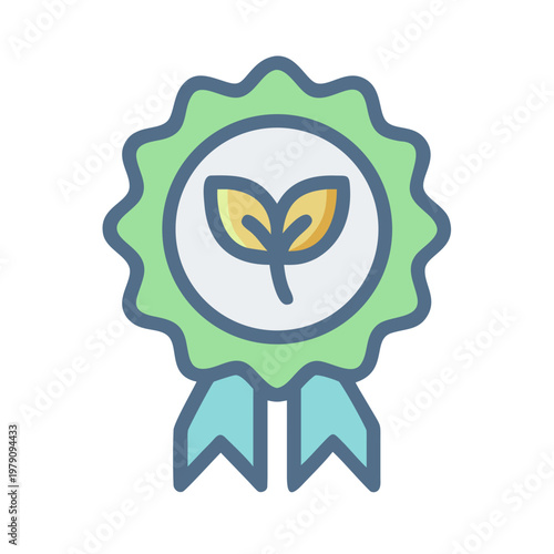 Eco friendly badge design with leaves, green rosette and blue ribbons