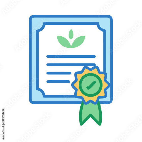 Eco-friendly Certificate Icon with Plants, Award, and Ribbon on Black Background