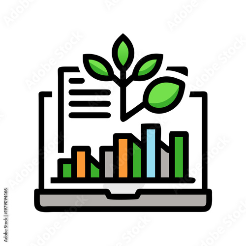 Growth Analysis on Laptop Screen with Green Leaves Visualizing Data Analytics