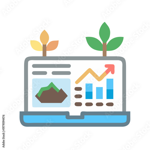 Laptop display showing growth charts with sprouts representing business development and progress