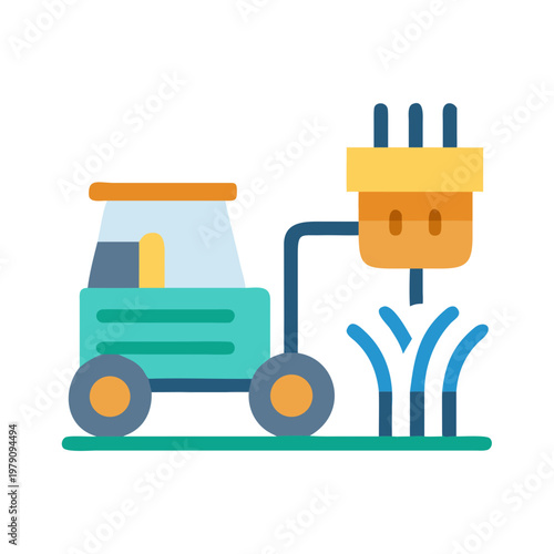 Agriculture machine spraying fertilizer on plants, isolated on black background, vector illustration