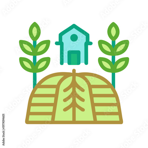 Flat design farm scene icon depicting crops, barn and agricultural field