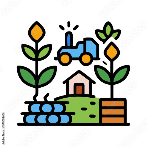 Flat design illustration of farm with crops, barn, tractor and hay bales