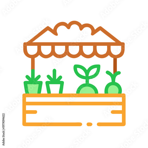 Iconic farmer's market stand with various plants in pots and round seedling