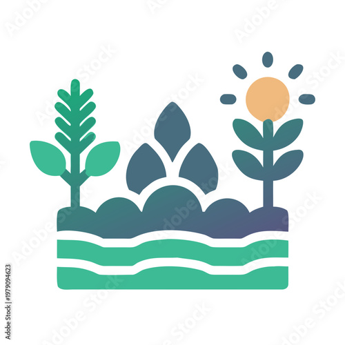 Flat illustration of a garden with plants, soil, and a shining sun