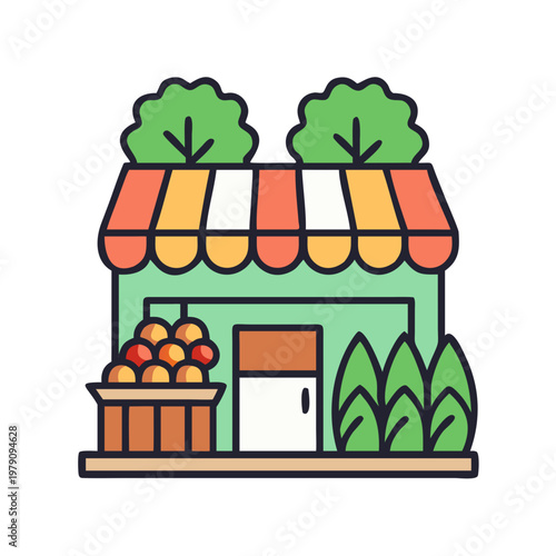 Illustrated fruit stand with orange awning and colorful produce on black background