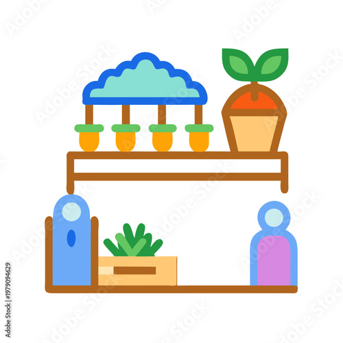 Indoor gardening with cloud irrigation and abstract humanoid shapes on shelves