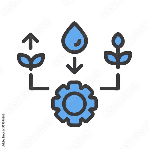 Conceptual illustration of plant growth with water and gear representing production process