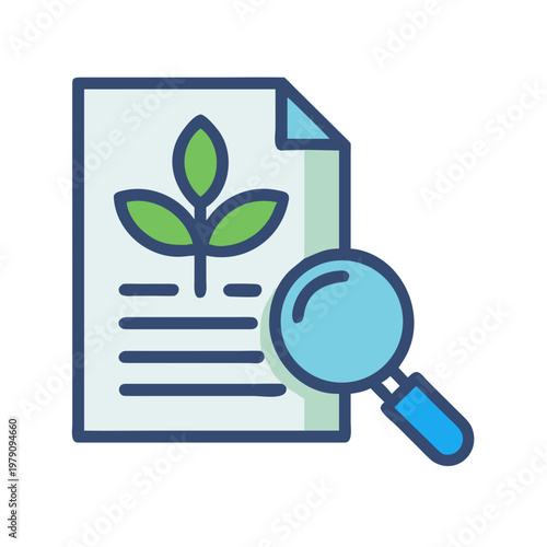 Analyzing plant research document with magnifying glass, green leaf growth report