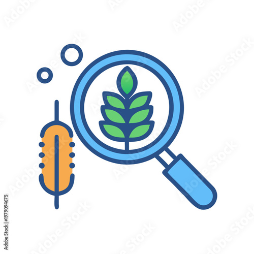 Magnifying glass examining a wheat stalk and grain on a black background.