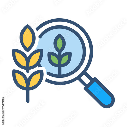 Plant research with magnifying glass, showing agricultural analysis and science concept