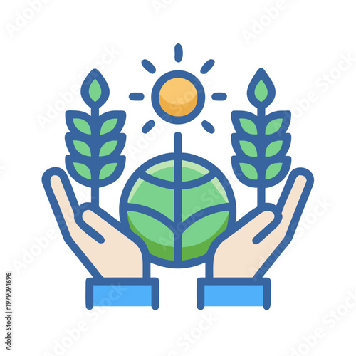 Iconographic representation of ecological conservation with hands holding the earth and sun