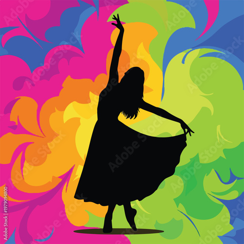 Silhouetted dancer gracefully poses against a colorful abstract background