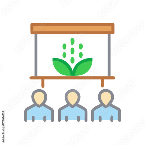 Three people looking at a green plant presentation, seminar or educational event.
