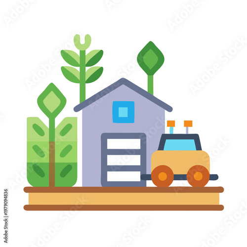 Agricultural Technology Scene Depicting a Tractor and a Storage Building near Crops