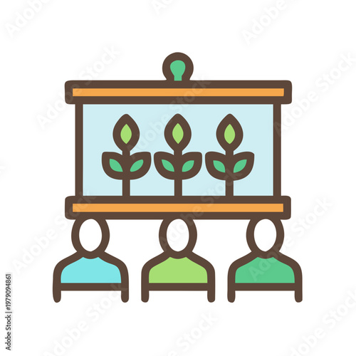 Presentation on plant growth with audience in flat vector art style