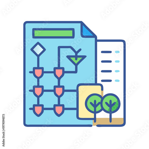 Flowchart icon representing project planning or environmental protection initiative using a simple, flat design style