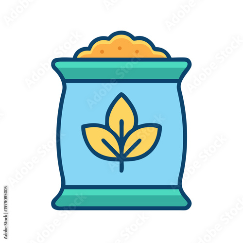 Simple flat illustration of a fertilizer bag with plant symbol over black background