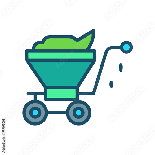 A fertilizer spreader with wheels distributing fertilizer on a lawn or garden