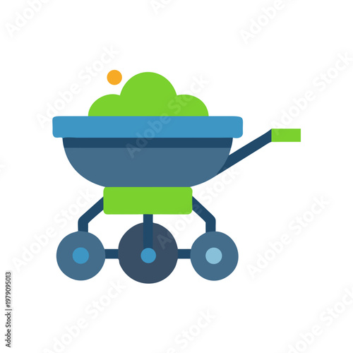 Flat design icon of a wheelbarrow filled with green plants on black background